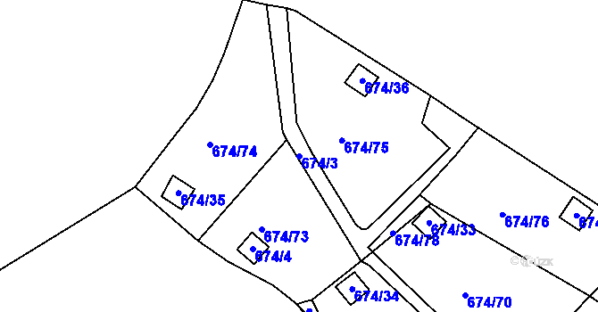 Parcela st. 674/3 v KÚ Droužkovice, Katastrální mapa