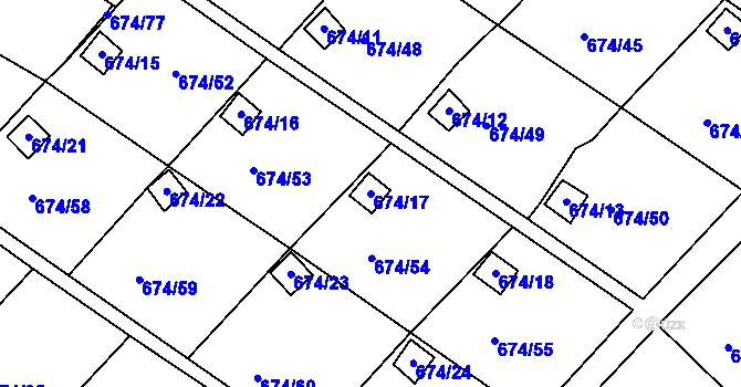 Parcela st. 674/17 v KÚ Droužkovice, Katastrální mapa