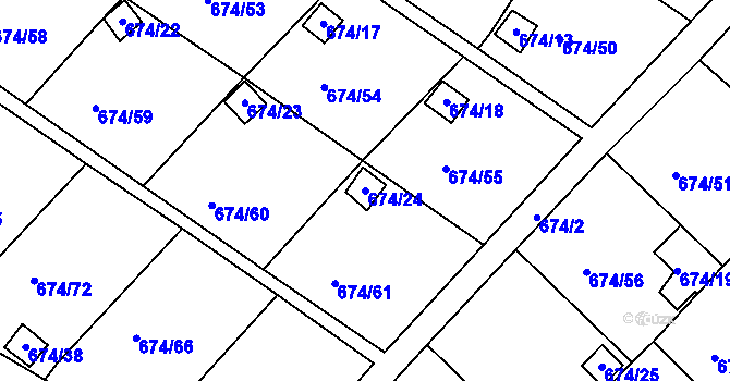Parcela st. 674/24 v KÚ Droužkovice, Katastrální mapa