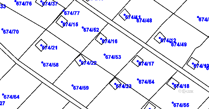 Parcela st. 674/53 v KÚ Droužkovice, Katastrální mapa