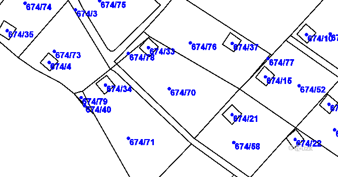 Parcela st. 674/70 v KÚ Droužkovice, Katastrální mapa