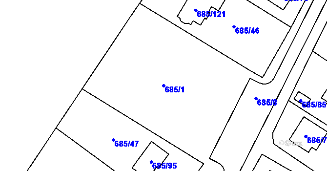 Parcela st. 685/1 v KÚ Droužkovice, Katastrální mapa
