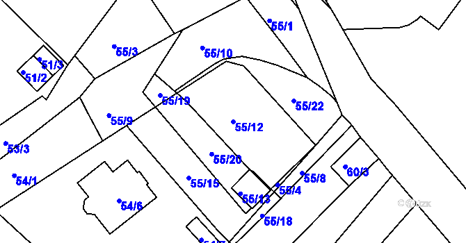 Parcela st. 55/12 v KÚ Droužkovice, Katastrální mapa