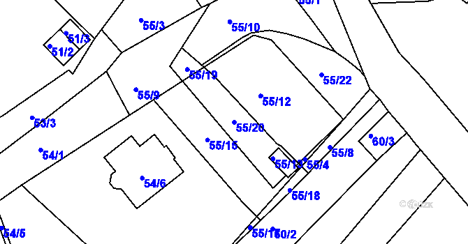 Parcela st. 55/20 v KÚ Droužkovice, Katastrální mapa