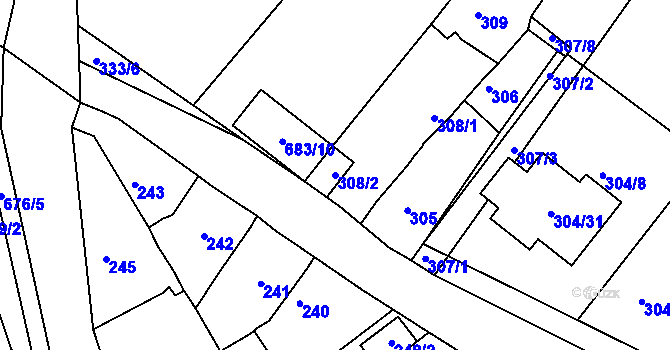 Parcela st. 308/2 v KÚ Droužkovice, Katastrální mapa