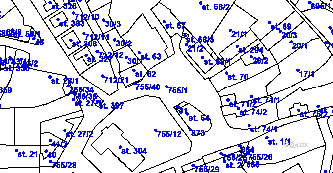 Parcela st. 755/1 v KÚ Drozdov v Čechách, Katastrální mapa