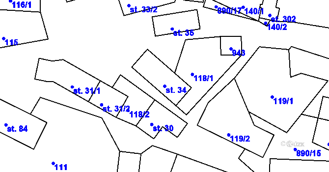 Parcela st. 34 v KÚ Drozdov, Katastrální mapa