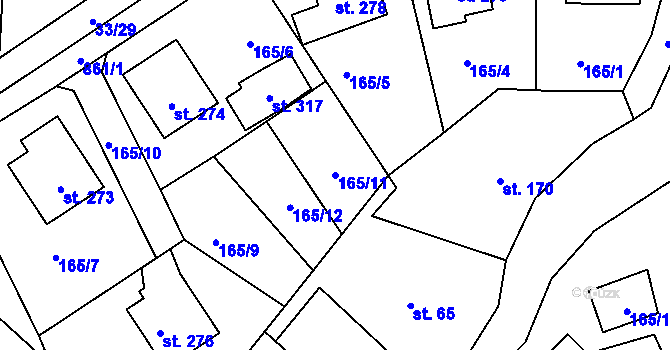 Parcela st. 165/11 v KÚ Drozdov, Katastrální mapa