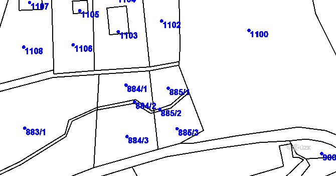 Parcela st. 885/1 v KÚ Droždín, Katastrální mapa