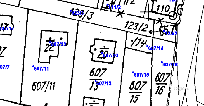 Parcela st. 607/20 v KÚ Druztová, Katastrální mapa