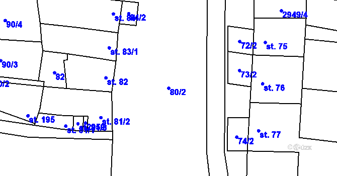 Parcela st. 80/2 v KÚ Drysice, Katastrální mapa