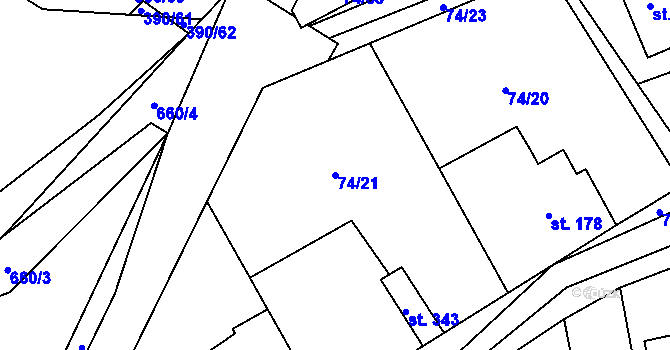 Parcela st. 74/21 v KÚ Dřetovice, Katastrální mapa