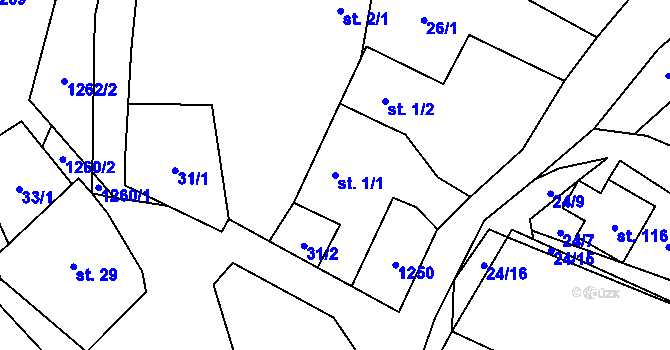 Parcela st. 1/1 v KÚ Dřevčice, Katastrální mapa