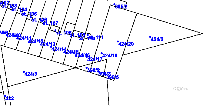 Parcela st. 424/18 v KÚ Dřevčice, Katastrální mapa