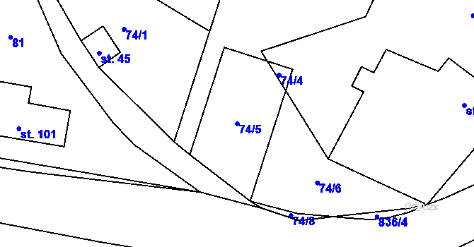 Parcela st. 74/5 v KÚ Královice u Zlonic, Katastrální mapa