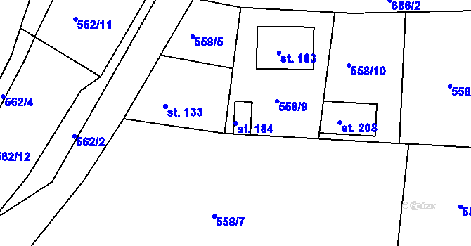 Parcela st. 184 v KÚ Dřínov, Katastrální mapa