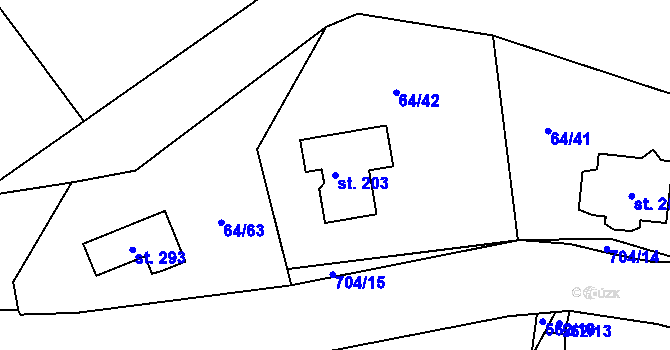 Parcela st. 203 v KÚ Dřínov, Katastrální mapa