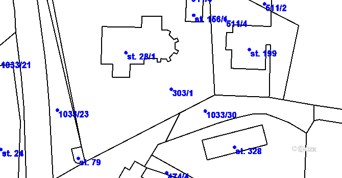 Parcela st. 303/1 v KÚ Dříteč, Katastrální mapa