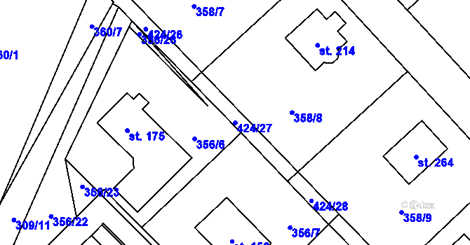 Parcela st. 424/27 v KÚ Dříteč, Katastrální mapa