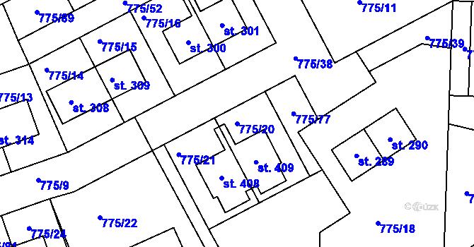 Parcela st. 775/20 v KÚ Dříteč, Katastrální mapa