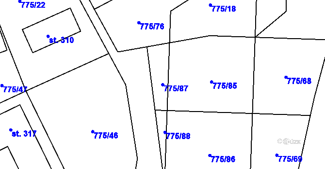 Parcela st. 775/87 v KÚ Dříteč, Katastrální mapa