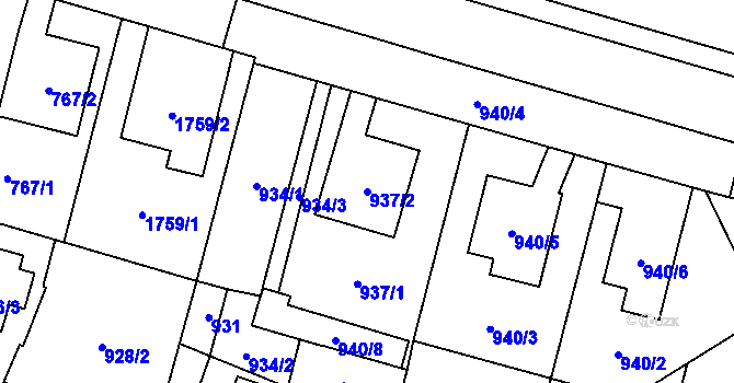 Parcela st. 937/2 v KÚ Dub nad Moravou, Katastrální mapa
