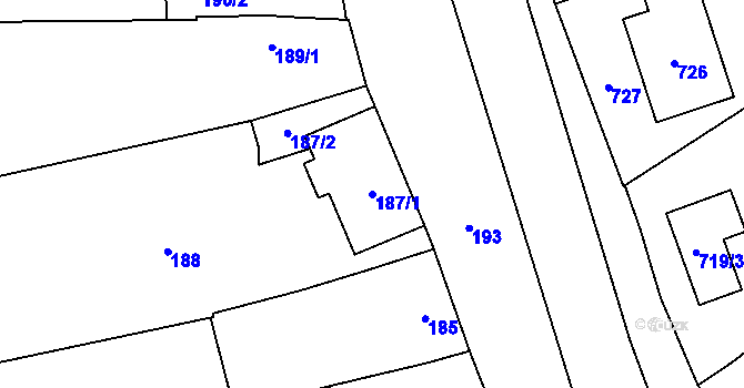 Parcela st. 187/1 v KÚ Dub nad Moravou, Katastrální mapa