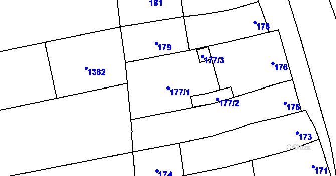 Parcela st. 177/1 v KÚ Dub nad Moravou, Katastrální mapa