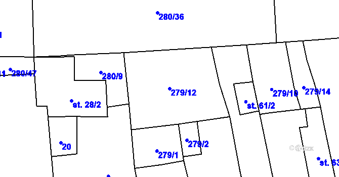 Parcela st. 279/12 v KÚ Dubany, Katastrální mapa