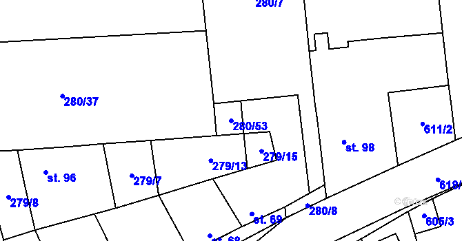 Parcela st. 280/53 v KÚ Dubany, Katastrální mapa