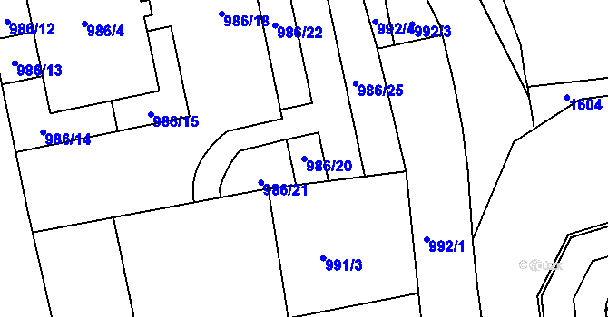 Parcela st. 986/20 v KÚ Dubeč, Katastrální mapa