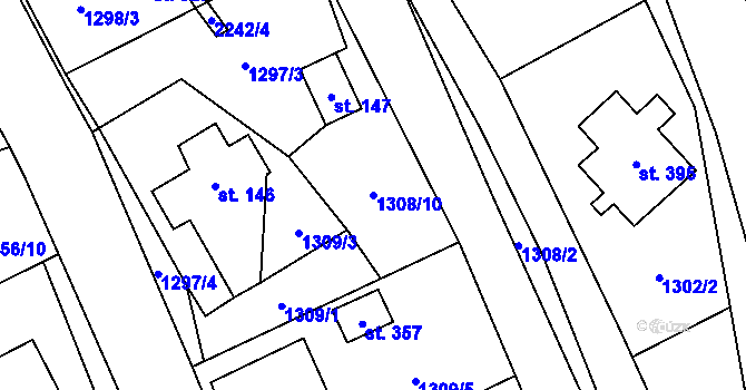 Parcela st. 1308/10 v KÚ Dubenec, Katastrální mapa