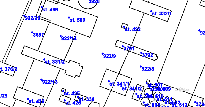 Parcela st. 922/9 v KÚ Dubenec, Katastrální mapa