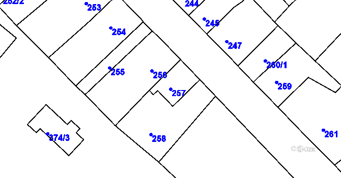 Parcela st. 257 v KÚ Dubí u Teplic, Katastrální mapa