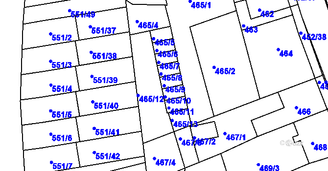 Parcela st. 465/9 v KÚ Dubí u Teplic, Katastrální mapa