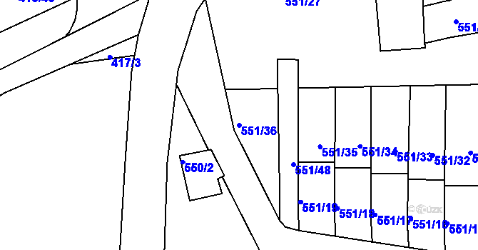 Parcela st. 551/36 v KÚ Dubí u Teplic, Katastrální mapa