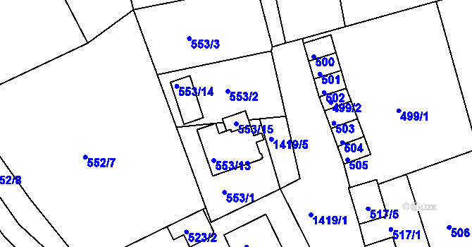 Parcela st. 553/15 v KÚ Dubí u Teplic, Katastrální mapa