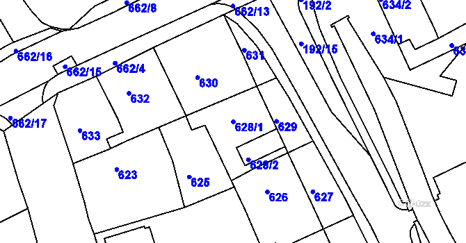 Parcela st. 628/1 v KÚ Dubí u Teplic, Katastrální mapa