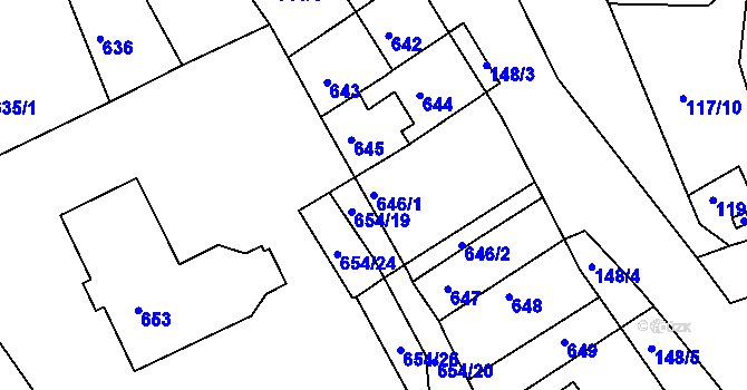 Parcela st. 646/1 v KÚ Dubí u Teplic, Katastrální mapa
