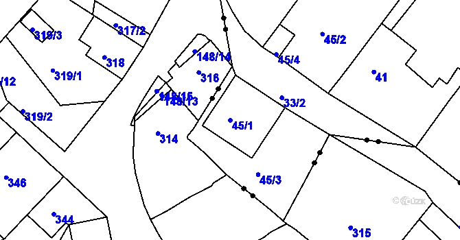 Parcela st. 45/1 v KÚ Dubí-Bystřice, Katastrální mapa
