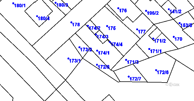 Parcela st. 174/1 v KÚ Dubí-Bystřice, Katastrální mapa