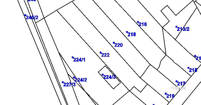 Parcela st. 222 v KÚ Dubí-Bystřice, Katastrální mapa