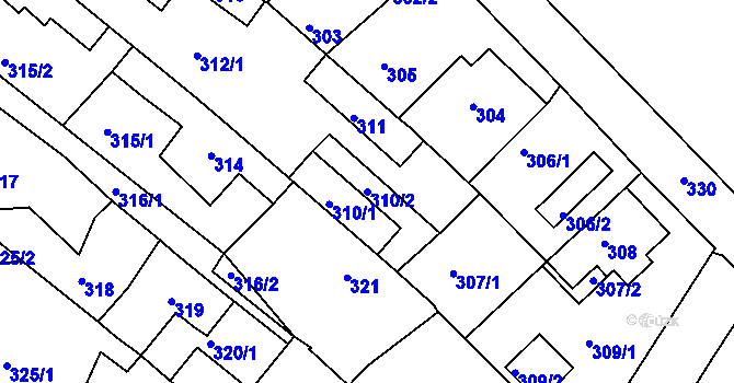 Parcela st. 310/2 v KÚ Dubí-Bystřice, Katastrální mapa