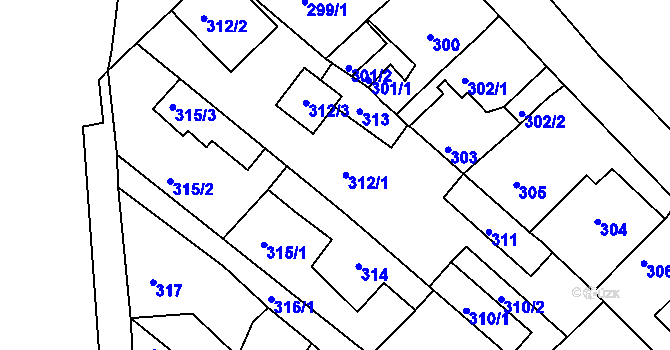 Parcela st. 312/1 v KÚ Dubí-Bystřice, Katastrální mapa