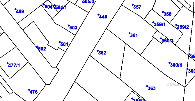 Parcela st. 362 v KÚ Dubí-Bystřice, Katastrální mapa