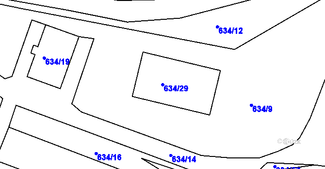 Parcela st. 634/29 v KÚ Dubí-Bystřice, Katastrální mapa