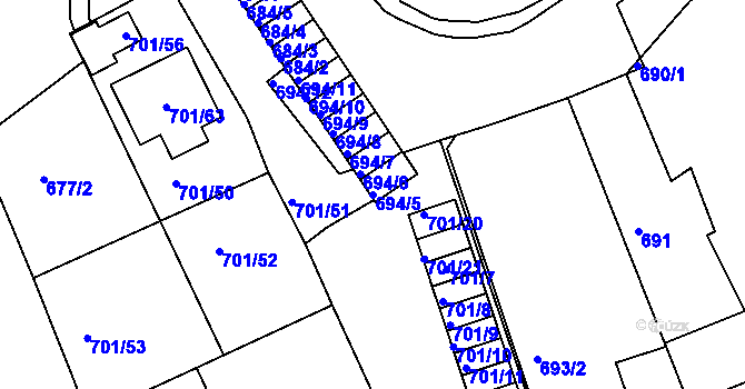 Parcela st. 694/5 v KÚ Dubí-Bystřice, Katastrální mapa