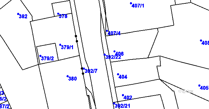 Parcela st. 392/22 v KÚ Dubí-Bystřice, Katastrální mapa