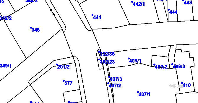Parcela st. 392/36 v KÚ Dubí-Bystřice, Katastrální mapa