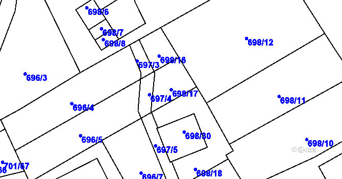Parcela st. 698/17 v KÚ Dubí-Bystřice, Katastrální mapa